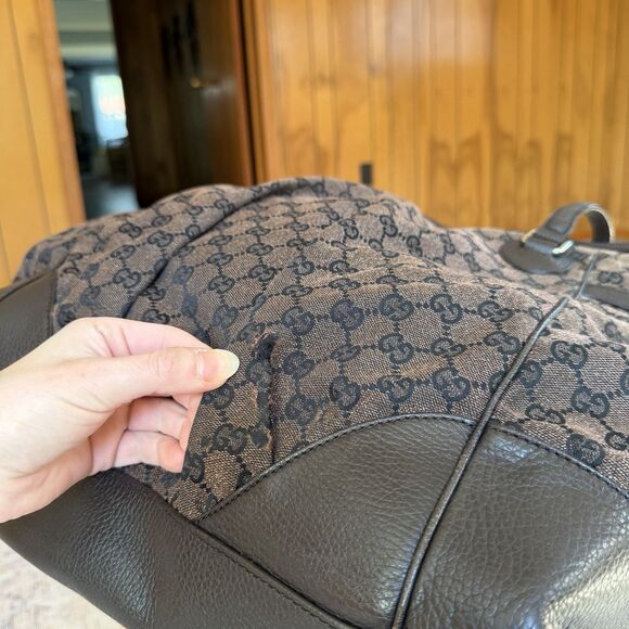 GUCCI GG Nylon Full Moon Tote Bag Brown Leather Canvas Large Monogrammed Print - Picture 9 of 16